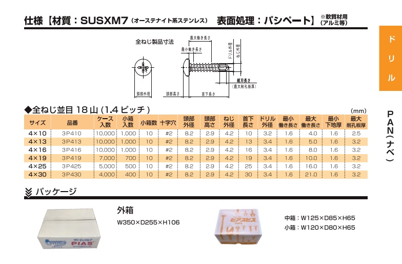 ピアスPANステンレス（SUSXM7）アルミ等軟質材用の仕様について